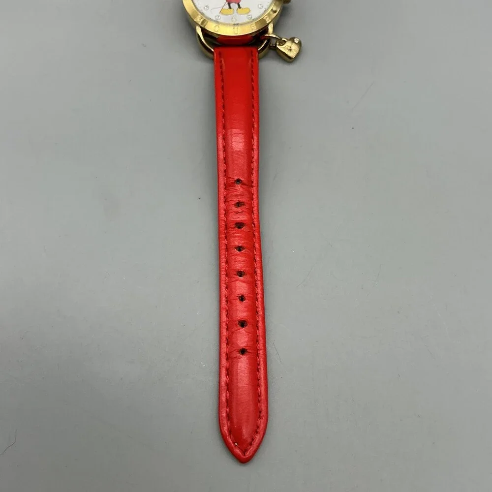 Disney Girls Watch 28mm Mickey Mouse Red Leather Gold Silver Tone New Battery